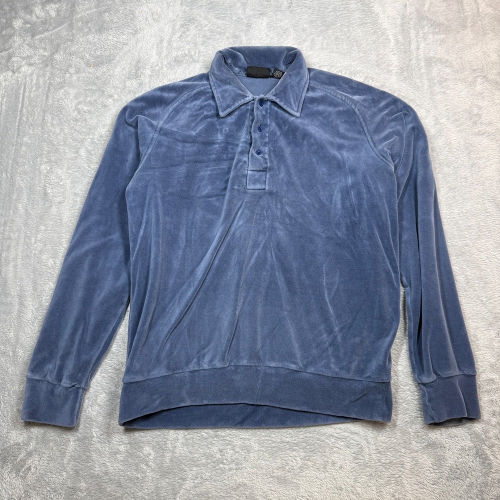 Vintage Silver Unicorn Velour Polo Shirt Mens L Blue Long Sleeve Pullover 90s